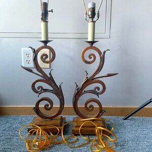 Vintage Brass Table Lamp Set Swirl MCM Heavy Unique‎ Design by Excelsior